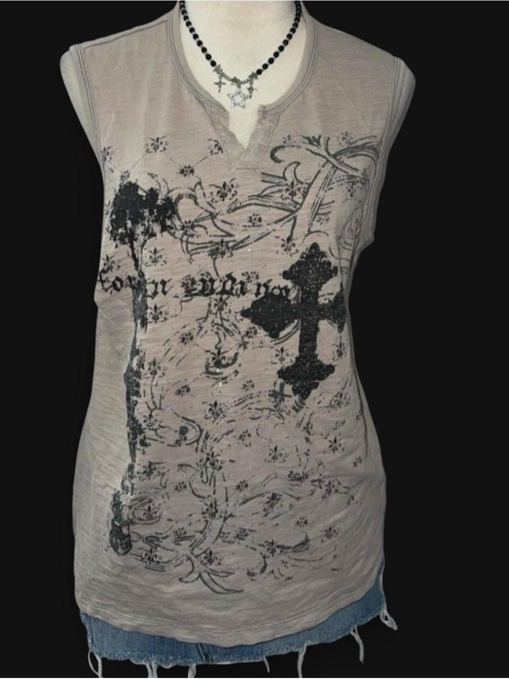 Guess Taupe Sleeveless Graphic Tank with Black Cross Y2K